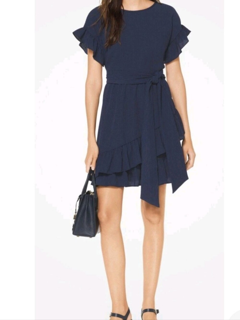 Michael Kors Navy Ruffle Sleeve Tie-Waist Dress